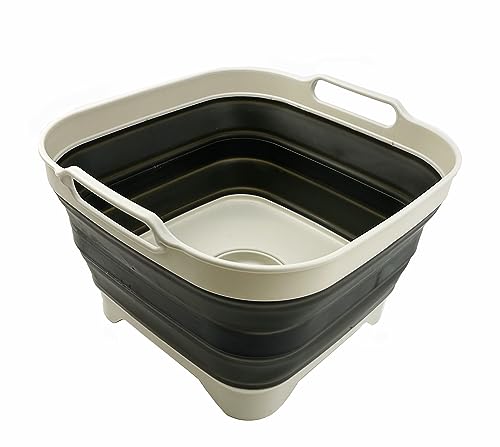 SAMMART 10L (2.6 gallons) Collapsible Plastic Dishpan with Draining Plug - Foldable Washing Tub - Portable Dish Washing Basiin - Pop Up Saving Kitchen Storage