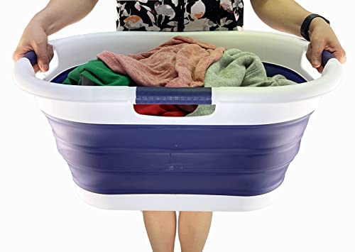 SAMMART Set of 2 Collapsible 3 handled Plastic Laundry Basket-Oval Washing Tub/Basket-Foldable Storage Container/Hamper-Easy Storage Space Saving