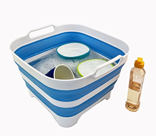 SAMMART 10L (2.64 Gallon) Collapsible Dishpan with Draining Plug - Foldable Washing Basin - Portable Dish Washing Tub - Space Saving Kitchen Storage Tray
