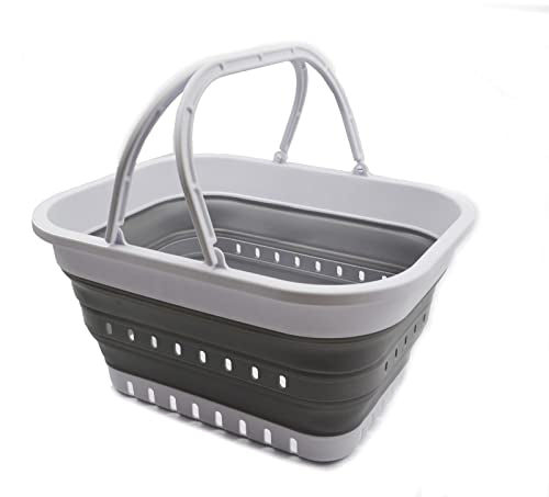 SAMMART 19L (5 Gallon) Collapsible Tub with Handle - Portable Outdoor Picnic Basket/Crater - Foldable Shopping Bag - Space Saving Storage Container (White/Grey)