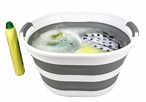 SAMMART 23L (6 Gallons) Set of 2 Collapsible Plastic Laundry Basket - Oval Tub - Foldable Storage Container/Organizer - Portable Washing Tub - Space Saving Laundry Hamper (Grey/Sage Green)