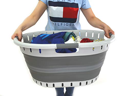 SAMMART 57L (15 Gallons) Collapsible 3-Handled Plastic Laundry Basket - Oval Tub - Portable Washing Tub - Pop up Laundry Hamper (1 pc - Oval, Dark Grey)