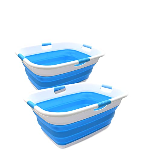 SAMMART 49L(12.9 gallon) Collapsible 4 Handled Laundry Basket-Foldable Storage Container-Portable Washing Bin-Space Saving-Pet Bath Tub,Water capacity 37L(9.7 gallon) (2 pcs - Rectangular, Sky Blue)