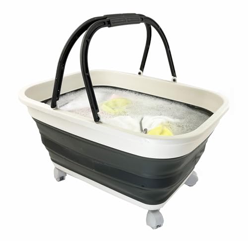 SAMMART 26L (6.8 Gallons) Collapsible Plastic Laundry Basket with Handle & Wheels-Foldable Pop Up Storage Container/Basket with handle and wheels-Portable Washing Tub