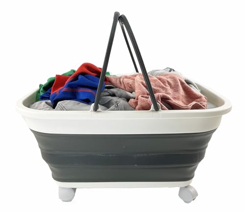 SAMMART 26L (6.8 Gallons) Collapsible Plastic Laundry Basket with Handle & Wheels-Foldable Pop Up Storage Container/Basket with handle and wheels-Portable Washing Tub