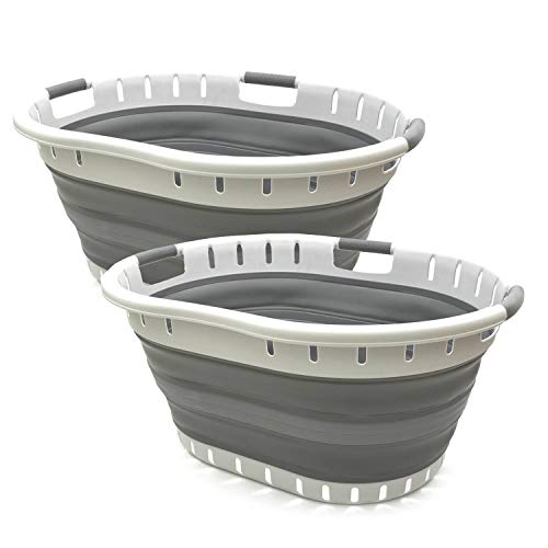 SAMMART 57L (15 Gallons) Collapsible 3-Handled Plastic Laundry Basket - Oval Tub - Portable Washing Tub-Space Saving Laundry Hamper, Water Capacity 44L / 11.6 Gallon (2 pcs - Oval, Dark Grey)