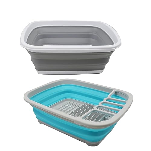 SAMMART 10L (2.6 Gallons) Collapsible Tub & 8L (2.11Gallons) Collapsible Dish Drainer with Drainer Board