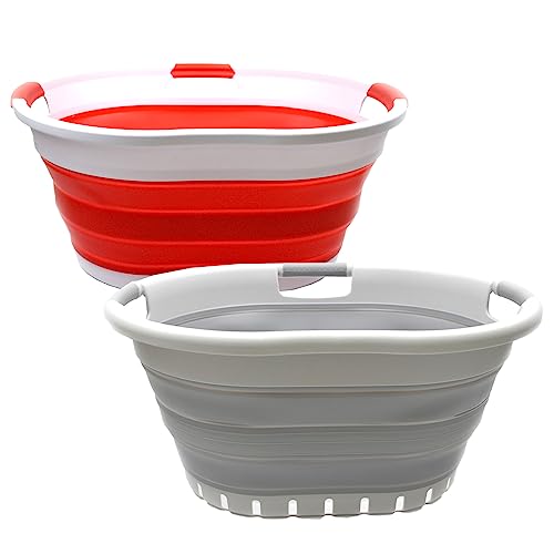 SAMMART Set of 2-36L (9.5 Gallon) Collapsible 3 Handled Plastic Laundry Basket-Foldable Pop Up Storage Container-Portable Washing Tub-Space Saving Basket/Water Capacity 27L/7.1 Gallon