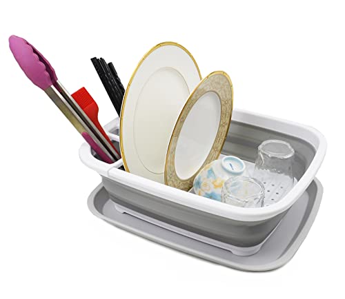 SAMMART 8L (2.1 gallons) Collapsible Platic Dish Drainer with Draining Board - Foldable Drying Rack Set - Portable Dinnerware Organizer - Pop Up Saving Kitchen Storage Tray