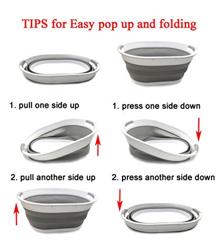 SAMMART Set of 2-39L(10.3 Gallon) Collapsible Plastic Laundry Basket-Pop Up Storage Container-Portable Washing Tub-Space Saving Hamper/Basket, Water Capacity:30L(7.9 Gallon) (2 Oval, Grey)