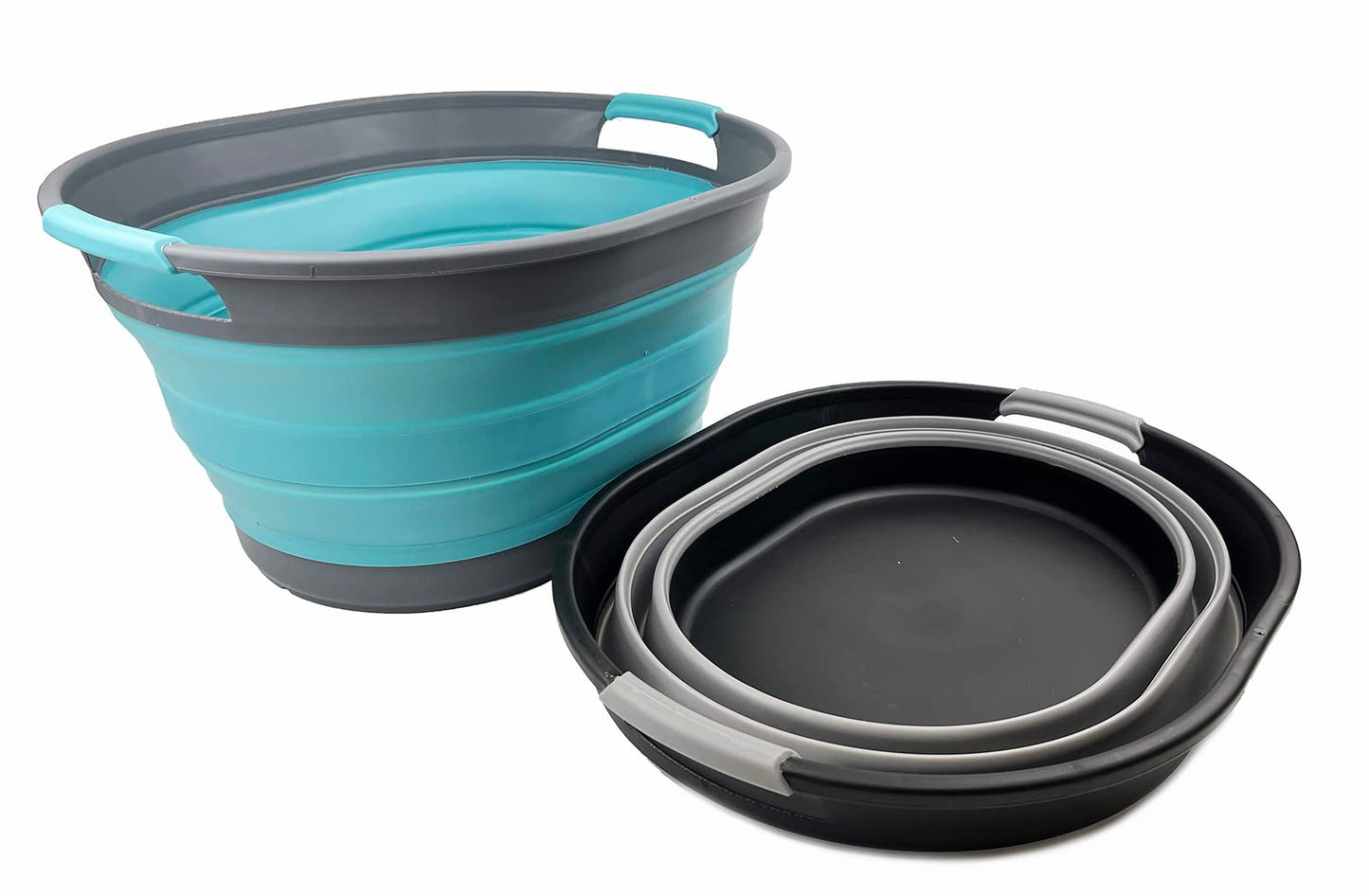 SAMMART 23L (6 Gallons) Set of 2 Collapsible Plastic Laundry Basket - Oval Tub - Foldable Storage Container/Organizer - Portable Washing Tub - Space Saving Laundry Hamper (Alloy Grey/Crystal Blue)