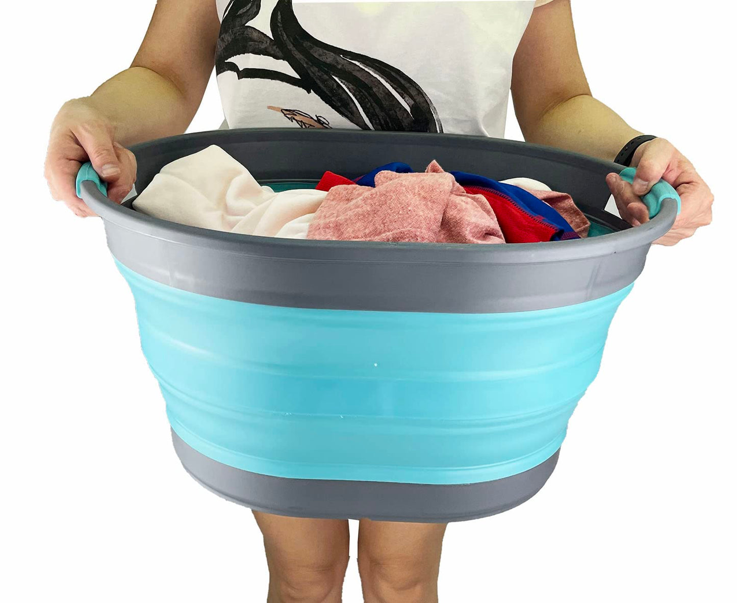 SAMMART 23L (6 Gallons) Set of 2 Collapsible Plastic Laundry Basket - Oval Tub - Foldable Storage Container/Organizer - Portable Washing Tub - Space Saving Laundry Hamper (Alloy Grey/Crystal Blue)