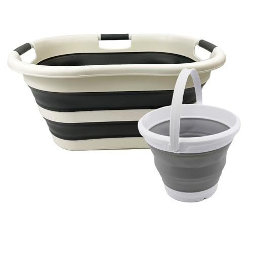 SAMMART 2 pcs Set: 40L(10.5 gallon) Collapsible Plastic Laundry Basket/Washing Tub & 5.5L(1.4 Gallon) Collapsible Plastic Bucket - Foldable and easy storage