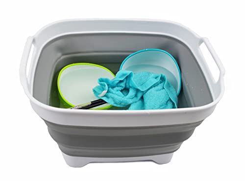 SAMMART 7.5L (2 Gallons) Collapsible Dishpan with Draining Plug - Foldable Washing Basin - Portable Dish Washing Tub - Space Saving Kitchen Storage Tray