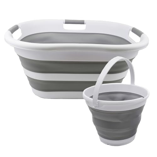 SAMMART 2 pcs Set: 40L (10.5 gallon) Collapsible Plastic Laundry Basket/Washing Tub & 10L (2.6 Gallon) Collapsible Plastic Bucket - Foldable and easy storage