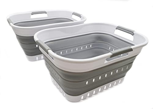 SAMMART 19L (5 gallon) Set of 2 Super Mini Collapsible 3 Handled Plastic Basket - Foldable Pop Up Storage Container/Organizer - Space Saving Hamper/Basket