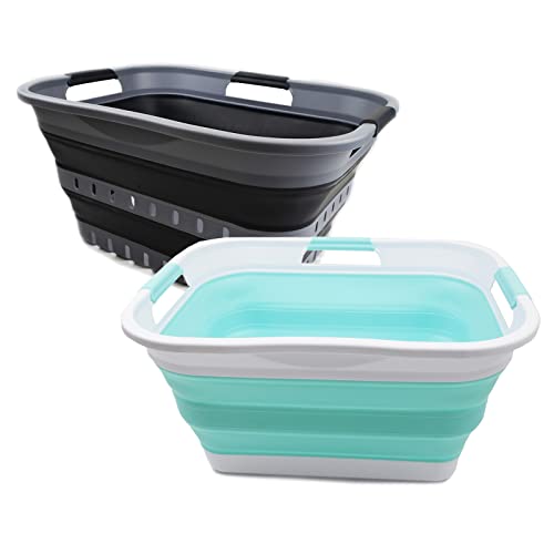 SAMMART Set of 2 Collapsible Plastic Laundry Basket + Collapsible Washing Tub - Foldable Pop Up Storage Container/Organizer - Portable Washing Tub - Space Saving Hamper/Basket