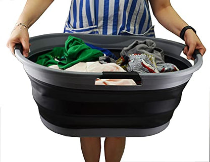 SAMMART Set of 2-44L (11.6 gallon) Collapsible 3 handled Plastic Laundry Basket - Oval Tub/Basket - Foldable Storage Container/Organizer - Portable Washing Tub - Space Saving Laundry Hamper