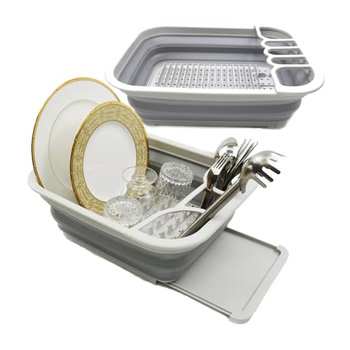 SAMMART Set of 2 Collapsible Dish Drainer with Drainer Board - Foldable Drying Rack Set - Portable Dinnerware Organizer - Space Saving Kitchen Storage Tray