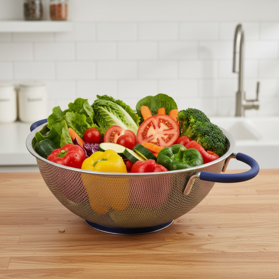 SAMMART Perforated Stainless Steel Sheet Colander with Handle - Strainer for Pasta, Noodle and Fruits