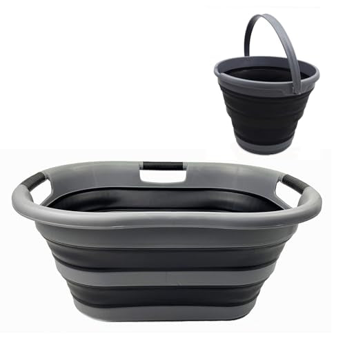 SAMMART 2 pcs Set: 40L(10.5 gallon) Collapsible Plastic Laundry Basket/Washing Tub & 10L(2.6 Gallon) Collapsible Plastic Bucket - Space saving