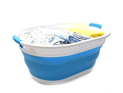 SAMMART Collapsible Laundry Basket - 39L Foldable Oval Tub For Laundry, Storage, Pet Bath & More (White/Dark Orchid, 24x17.7x10.75 Inches)