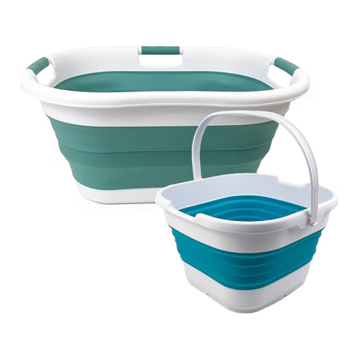 SAMMART 2 pcs Set: 40L (10.5 gallon) Collapsible Plastic Laundry Basket/Washing Tub & 9.5L (2.5 gallon) Collapsible Rectangular Bucket