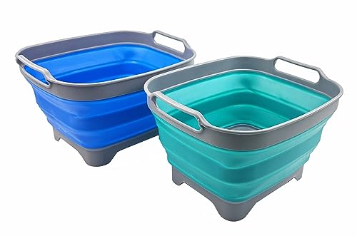 SAMMART 7.5L (2 gallons) Collapsible Plastic Dishpan with Draining Plug - Portable Washing Basin - Foldable Dish Washing Tub - Pop Up Saving