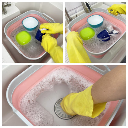 SAMMART 10L (2.64 Gallon) Collapsible Dishpan with Draining Plug-Foldable Washing Basin-Portable Dish Washing Tub-Space Saving Kitchen Storage Tray for Camping & RV