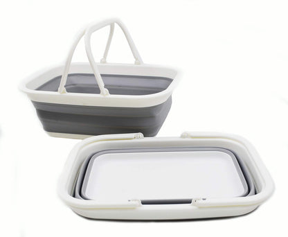 SAMMART 9.2L (2.37Gallon) Collapsible Tub with Handle - Portable Outdoor Picnic Basket/Crater - Foldable Shopping Bag - Space Saving Storage Container (2, White/Grey)