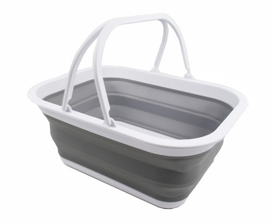 SAMMART Collpasible Basket with Handle 15L - Portable Outdoor Picnic Basket/Crate - Foldable Basin for Washing Dishes,Camping,Hiking(White/Grey)