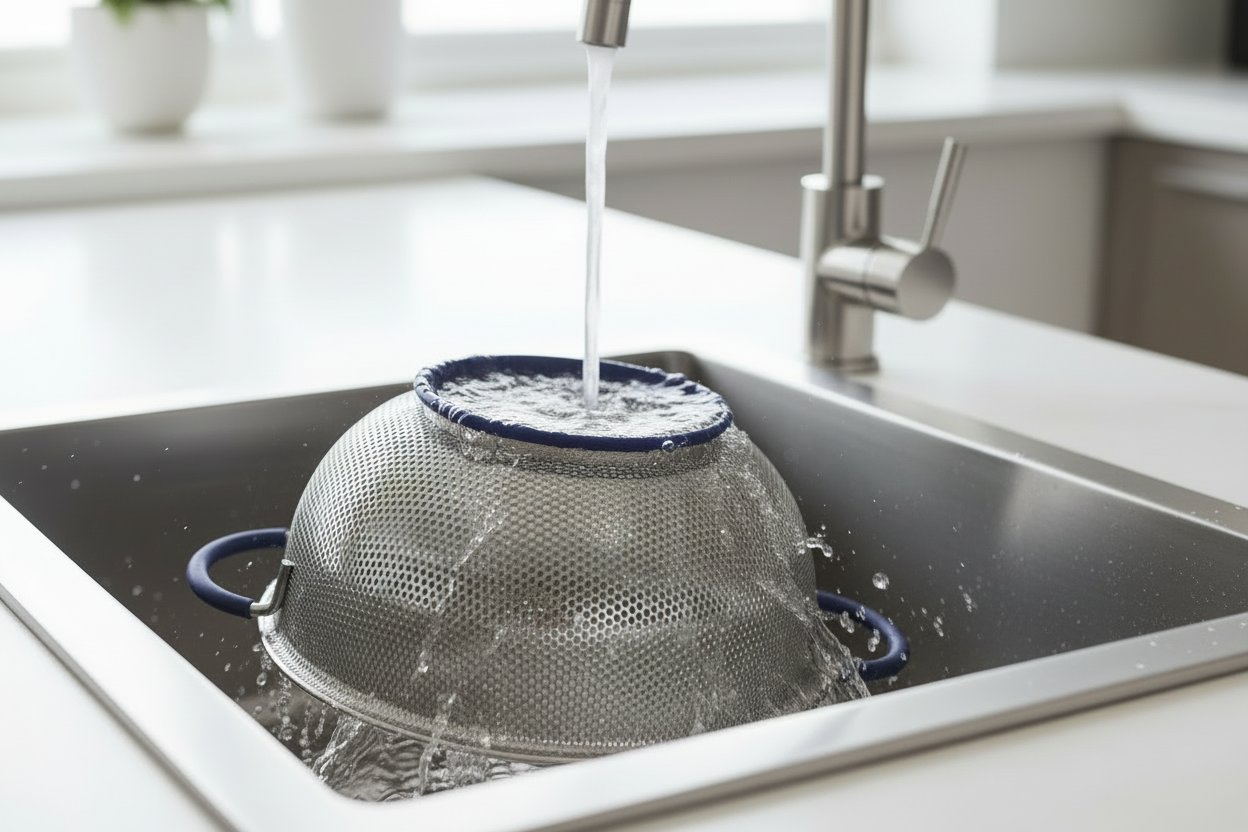 SAMMART Perforated Stainless Steel Sheet Colander with Handle - Strainer for Pasta, Noodle and Fruits