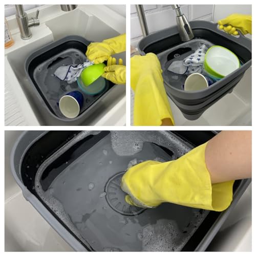 SAMMART 10L (2.64 Gallon) Collapsible Dishpan with Draining Plug-Foldable Washing Basin-Portable Dish Washing Tub-Space Saving Kitchen Storage Tray for Camping & RV