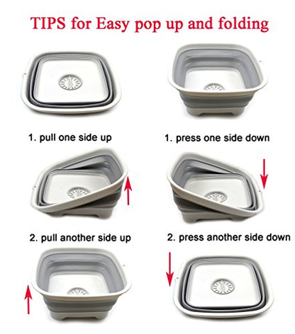 SAMMART 9.3L (2.46Gallon) Collapsible Dishpan with Draining Plug - Foldable Washing Basin - Portable Dish Washing Tub - Space Saving Kitchen Storage Tray