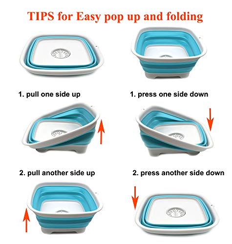 SAMMART 9.3L (2.46Gallon) Collapsible Dishpan with Draining Plug - Foldable Washing Basin - Portable Dish Washing Tub - Space Saving Kitchen Storage Tray