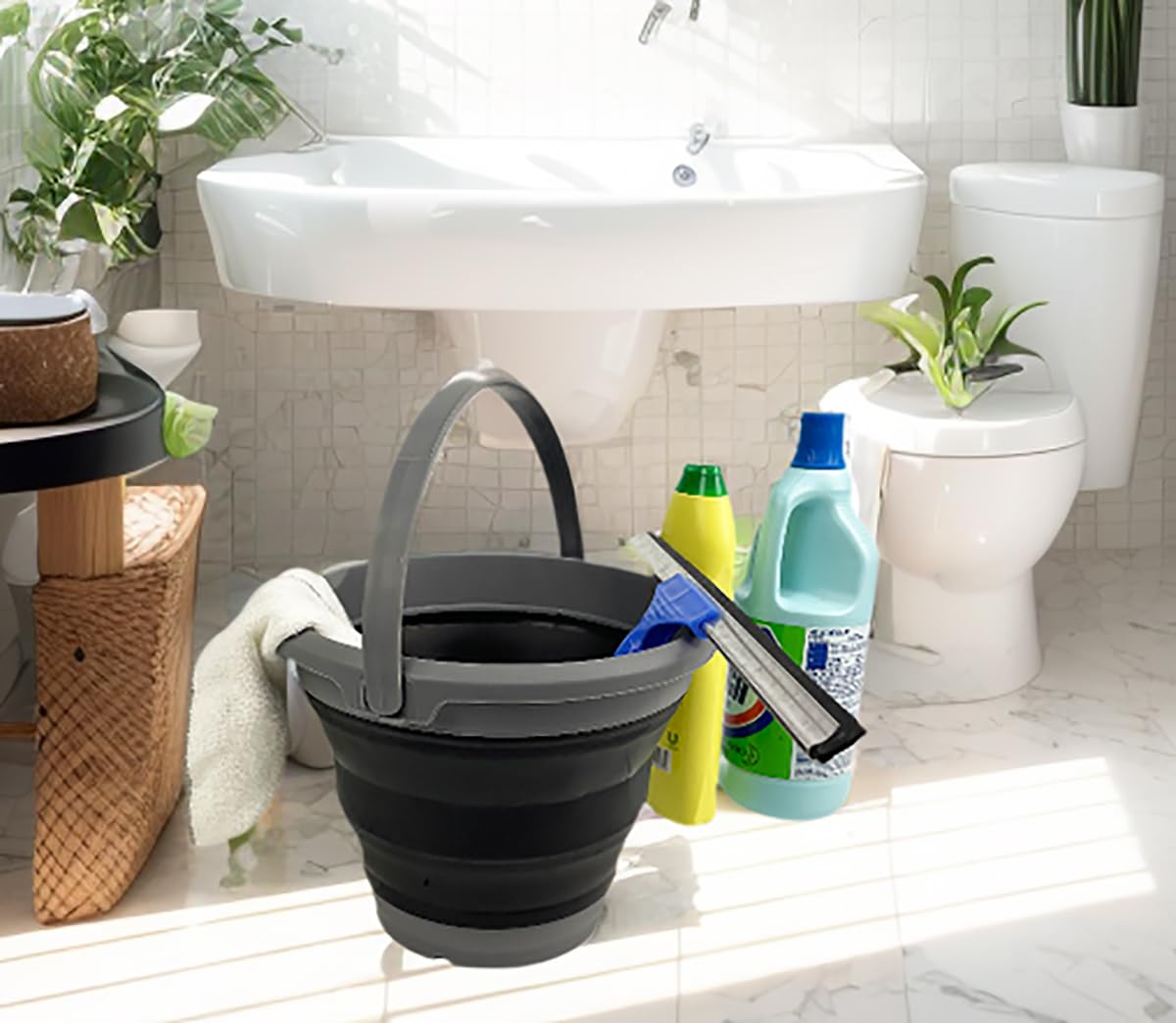 SAMMART Collapsible Plastic Bucket - Foldable Round Tub with Handle - Pop Up Saving (Grey/Black, 5.5L)