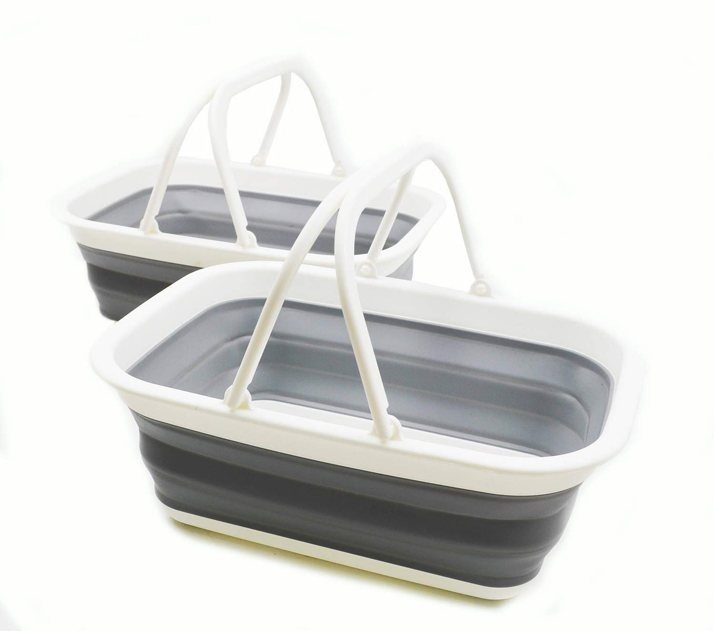 SAMMART 9.2L (2.37Gallon) Collapsible Tub with Handle - Portable Outdoor Picnic Basket/Crater - Foldable Shopping Bag - Space Saving Storage Container (2, White/Grey)