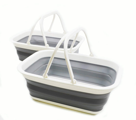SAMMART 9.2L (2.37Gallon) Collapsible Tub with Handle - Portable Outdoor Picnic Basket/Crater - Foldable Shopping Bag - Space Saving Storage Container (2, White/Grey)