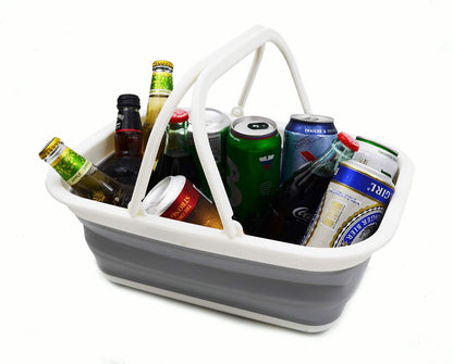 SAMMART 9.2L (2.37Gallon) Collapsible Tub with Handle - Portable Outdoor Picnic Basket/Crater - Foldable Shopping Bag - Space Saving Storage Container (2, White/Grey)