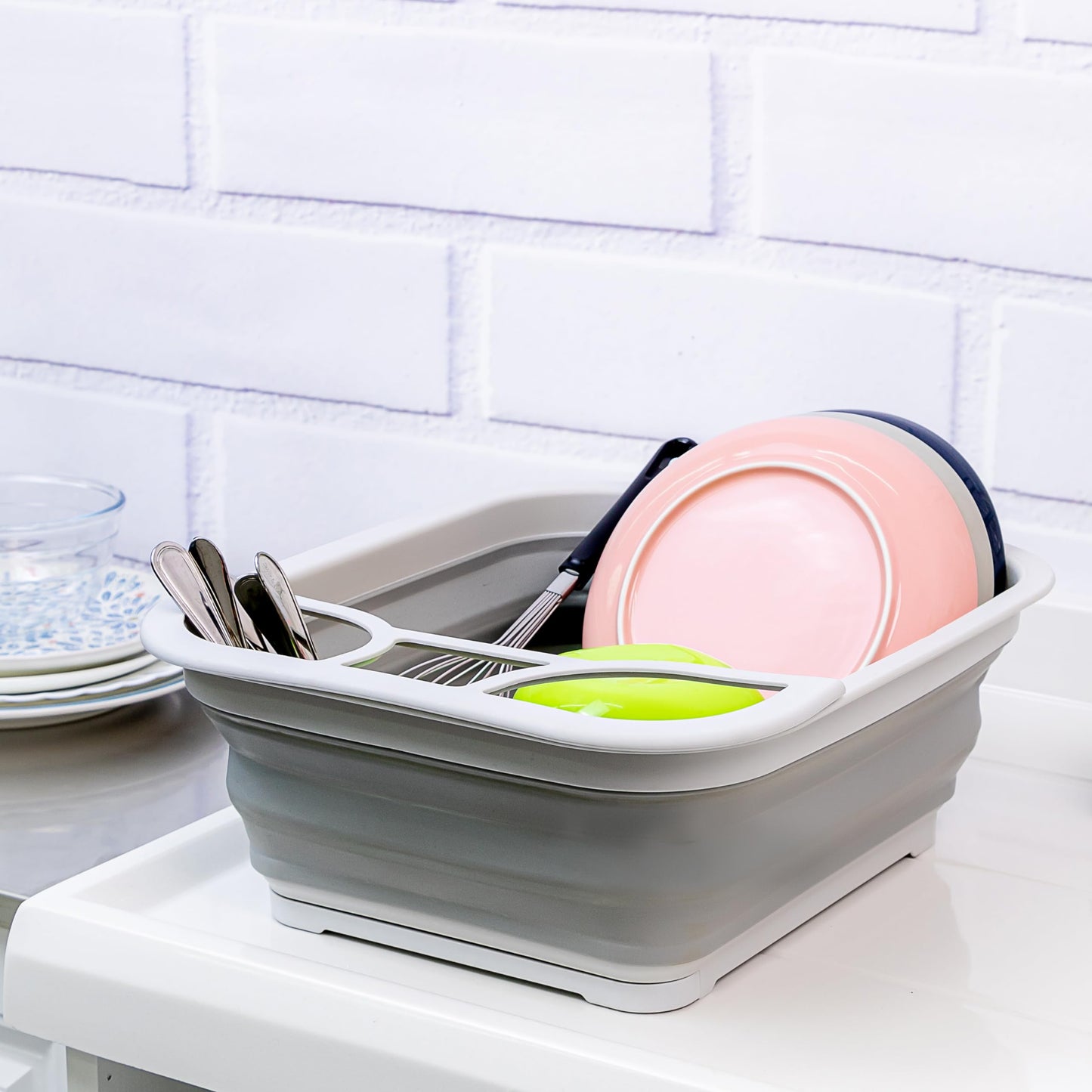 SAMMART Collapsible Dish Drainer with Drainer Board - Foldable Drying Rack Set - Portable Dinnerware Organizer - Space Saving Kitchen Storage Tray