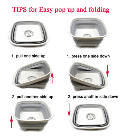 SAMMART 9.3L (2.46Gallon) Collapsible Dishpan with Draining Plug - Foldable Washing Basin - Portable Dish Washing Tub - Space Saving Kitchen Storage Tray