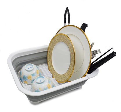 SAMMART Collapsible Dish Drainer with Drainer Board - Foldable Drying Rack Set - Portable Dinnerware Organizer - Space Saving Kitchen Storage Tray