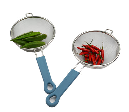 SAMMART Stainless Steel Mesh Strainer/Colander with Steel Blue Silicone Handle - Round Sieve with Wider Hoop