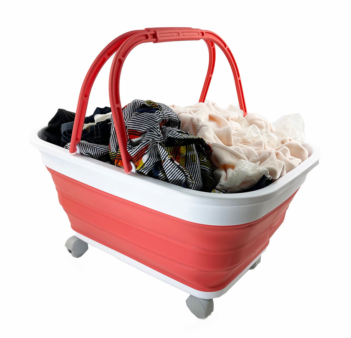 SAMMART 26L (6.8 Gallons) Collapsible Plastic Laundry Basket with Handle & Wheels-Foldable Pop Up Storage Container/Basket with handle and wheels-Portable Washing Tub