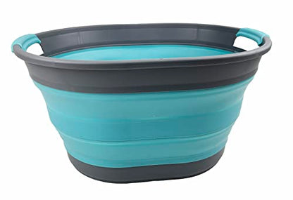 SAMMART 23L (6 Gallons) Collapsible Plastic Laundry Basket - Oval Tub/Basket - Foldable Storage Container/Organizer - Portable Washing Tub - Space Saving Laundry Hamper (Grey/Crystal Blue)