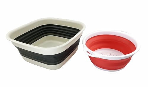 SAMMART 2pcs Set - 8L (2.1 Gallon) Collapsible Tub & 2.6L (0.68 Gallon) Collapsible Colander - Portable Washing Basin - Space Saving Plastic Washtub