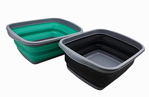 SAMMART 10L (2.6 Gallons) Set of 2 Collapsible Tub - Foldable Dish Tub - Portable Washing Basin - Space Saving Plastic Washtub (Bluish-Green + Black)