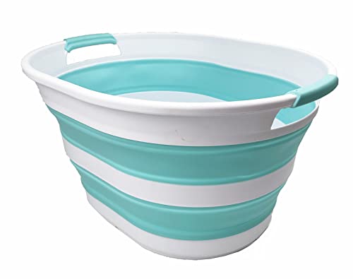 SAMMART 23L (6 Gallons) Collapsible Plastic Laundry Basket - Oval Tub/Basket - Foldable Storage Container/Organizer - Portable Washing Tub - Space Saving Laundry Hamper (White/Sage Green) (