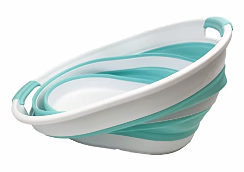 SAMMART 23L (6 Gallons) Collapsible Plastic Laundry Basket - Oval Tub/Basket - Foldable Storage Container/Organizer - Portable Washing Tub - Space Saving Laundry Hamper (White/Sage Green) (