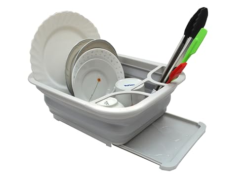 SAMMART Collapsible 7L (1.85 gallons) Plastic Dish Drainer with Draining Board - Foldable Drying Rack with base board - Pop Up Dinnerware Organizer - Space Saving Kitchen Storage Tray